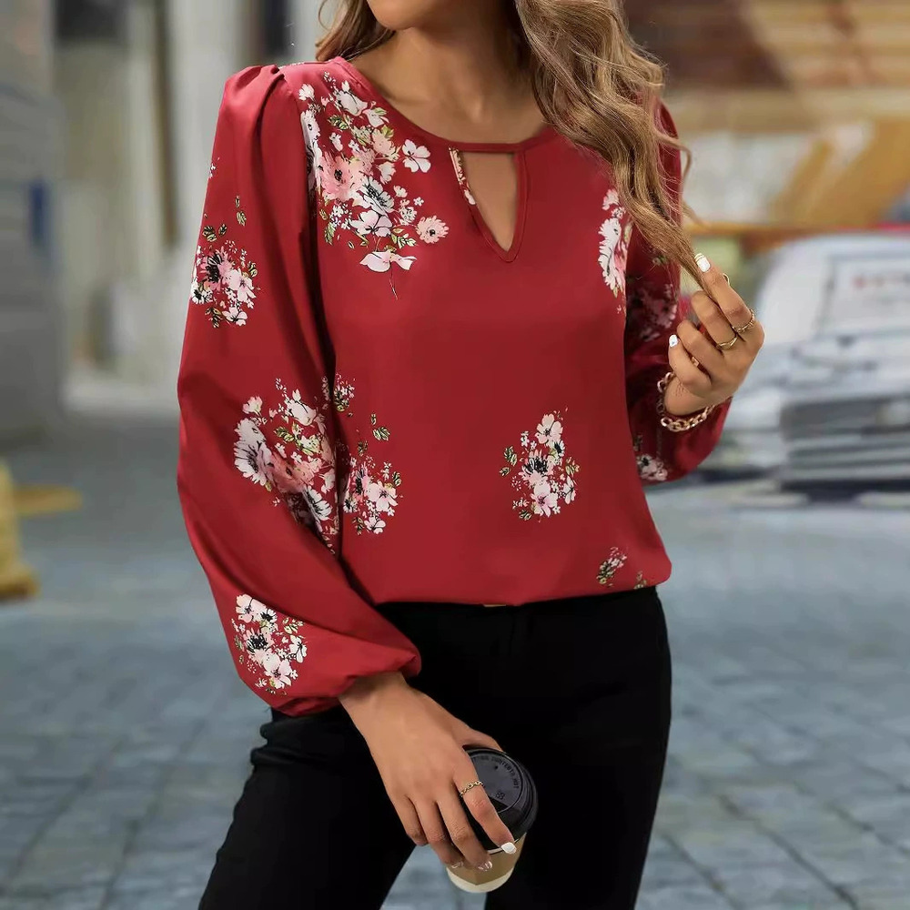H&M Chic Elegant Womens Lantern Sleeve Printed Long Sleeve Blouse Spring Autumn